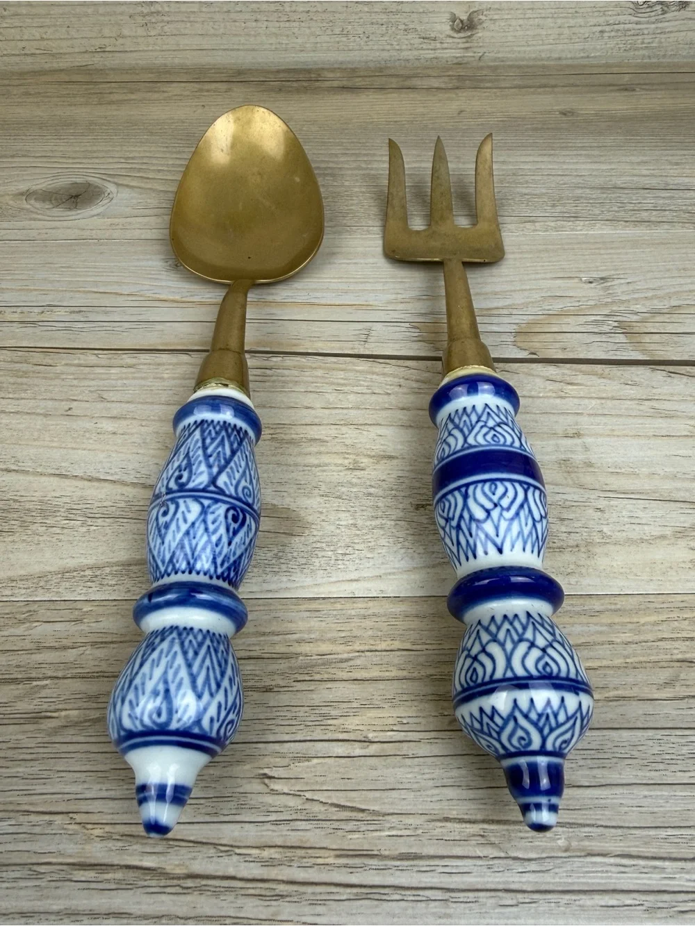 Brass Serving Utensils with Hand Painted Porcelain Handles Vintage